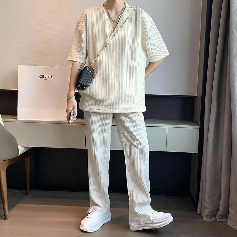 2024 New Men's 2 Piece Outfits Short Sleeve Crewneck Summer T Shirt and Drawstring Casual Loose Ankle Length Pants Sets