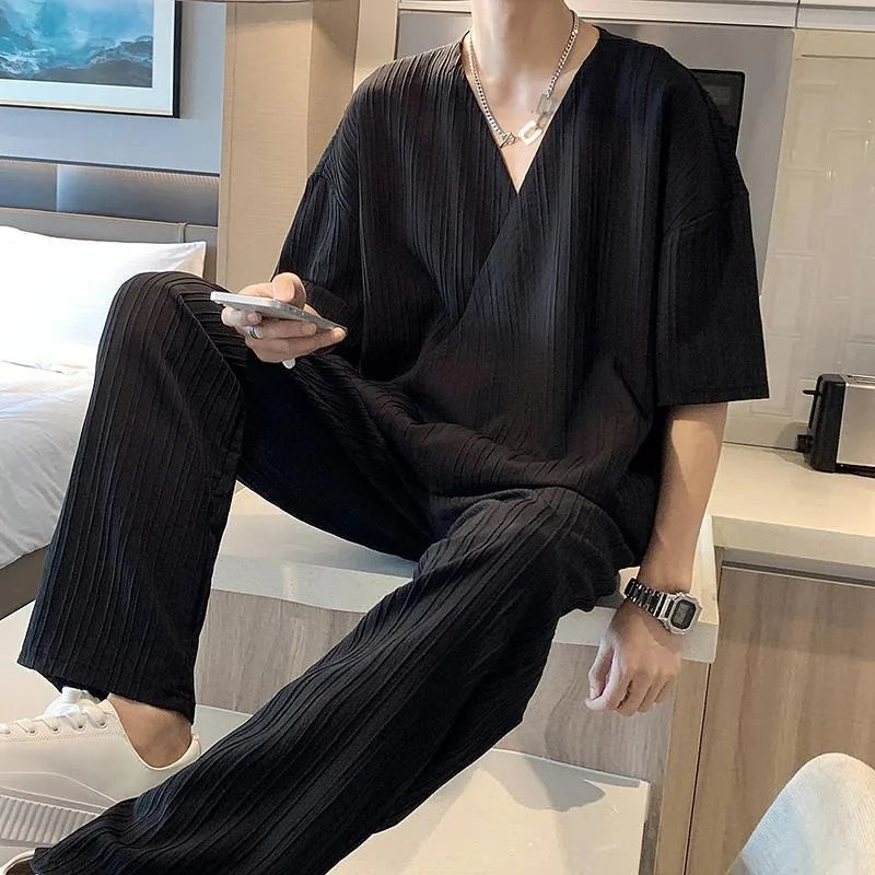 2024 New Men's 2 Piece Outfits Short Sleeve Crewneck Summer T Shirt and Drawstring Casual Loose Ankle Length Pants Sets