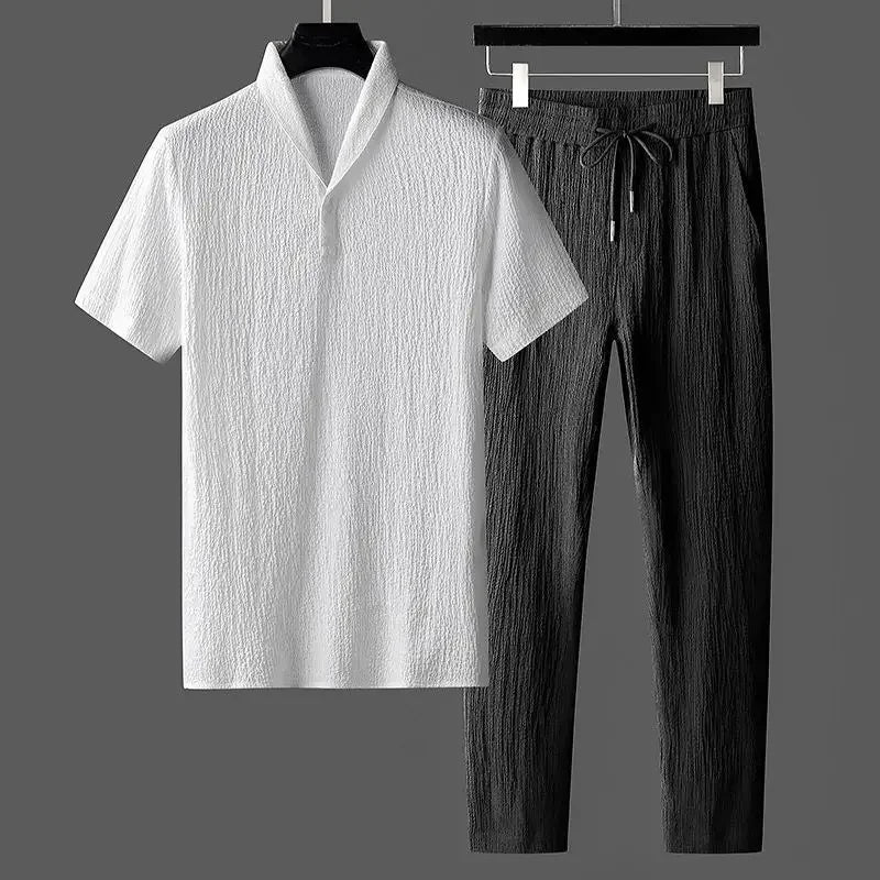 Men's Crinkled Ice Silk T-shirt Short Sleeve Sports Suit Pants One-piece Lightweight Summer Clothing