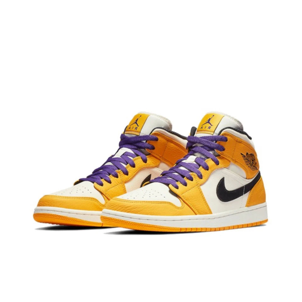 Original Air Jordan 1 Mid 'Lakers'  Yellow and Purple For Men Retro Classic Basketball Sneakers Shoes 852542-700