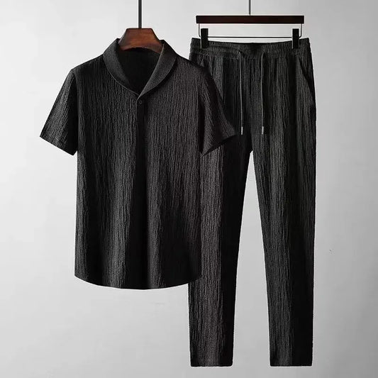 Men's Crinkled Ice Silk T-shirt Short Sleeve Sports Suit Pants One-piece Lightweight Summer Clothing