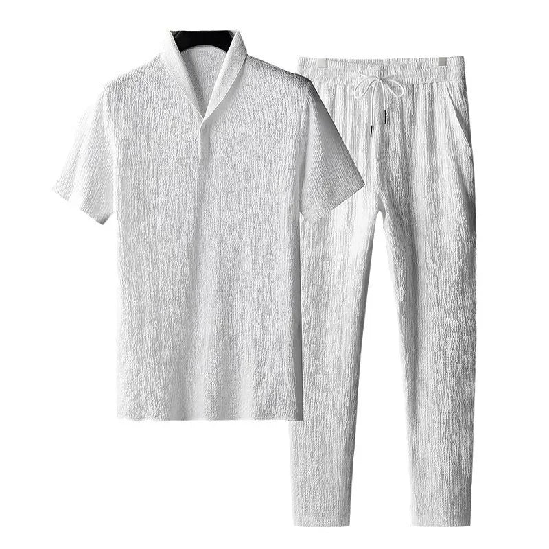 Men's Crinkled Ice Silk T-shirt Short Sleeve Sports Suit Pants One-piece Lightweight Summer Clothing