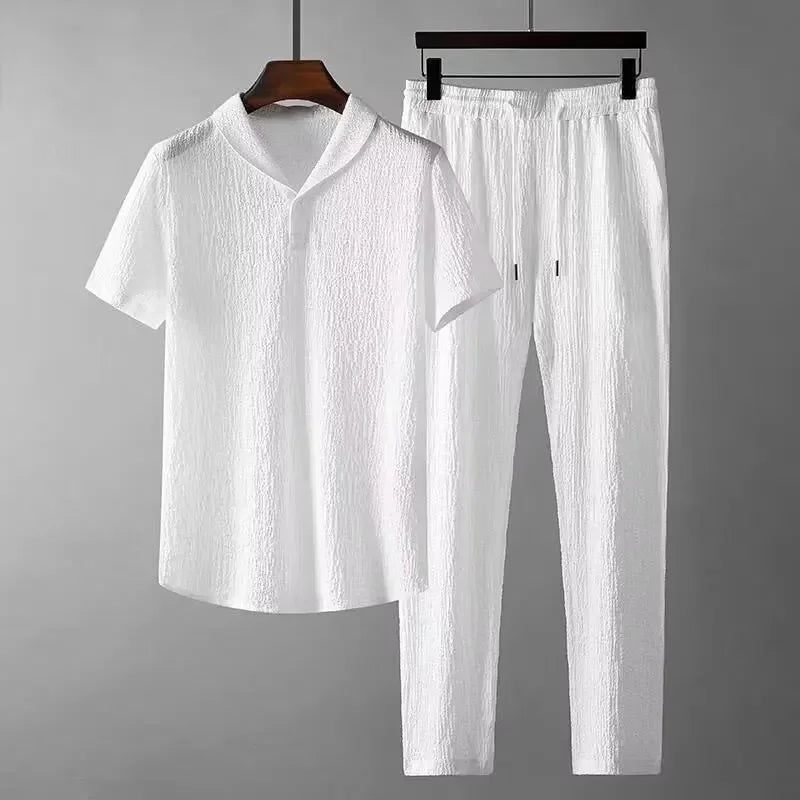 Men's Crinkled Ice Silk T-shirt Short Sleeve Sports Suit Pants One-piece Lightweight Summer Clothing