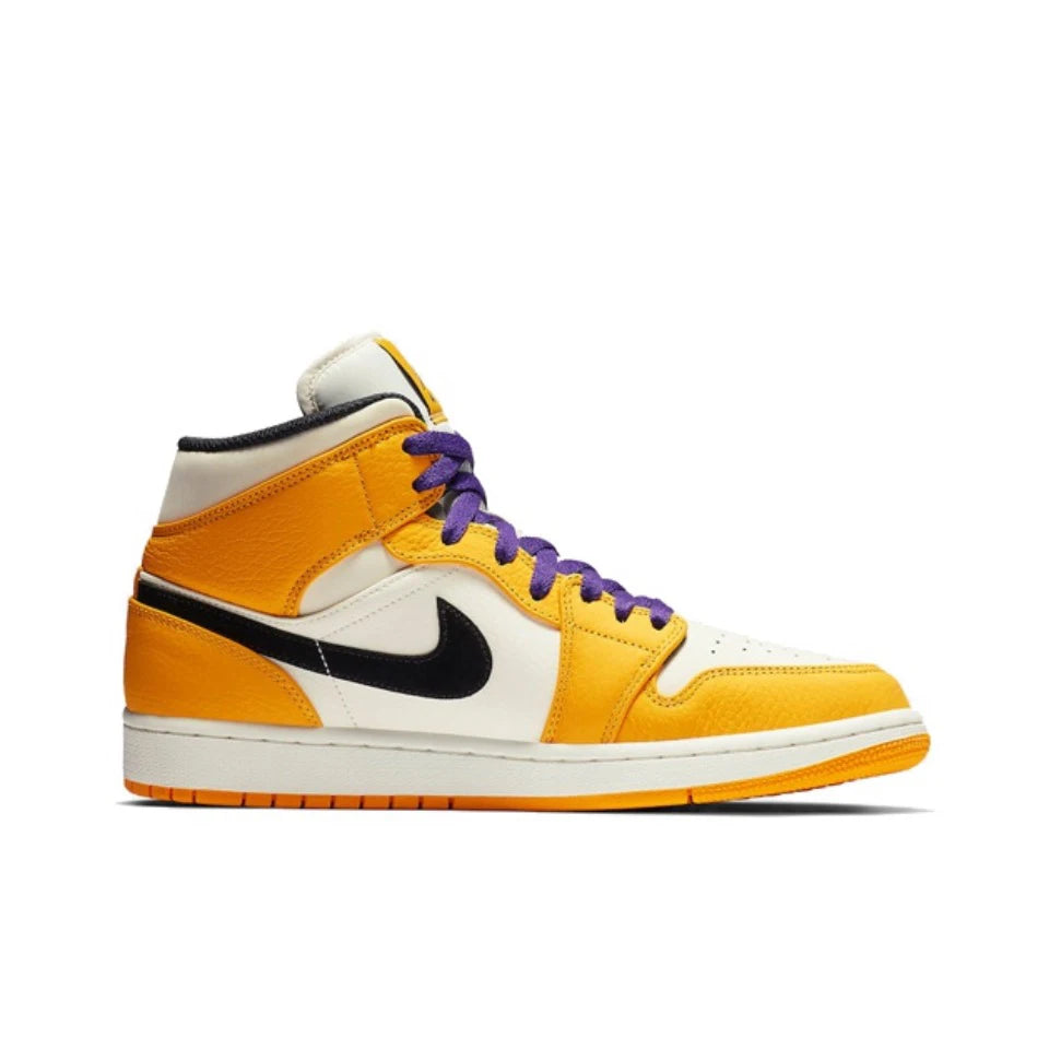 Original Air Jordan 1 Mid 'Lakers'  Yellow and Purple For Men Retro Classic Basketball Sneakers Shoes 852542-700