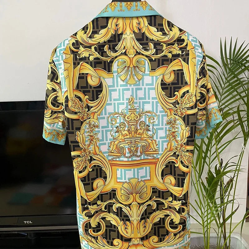 New men's large size fashion casual slim fashion baroque print short-sleeved floral European shirt